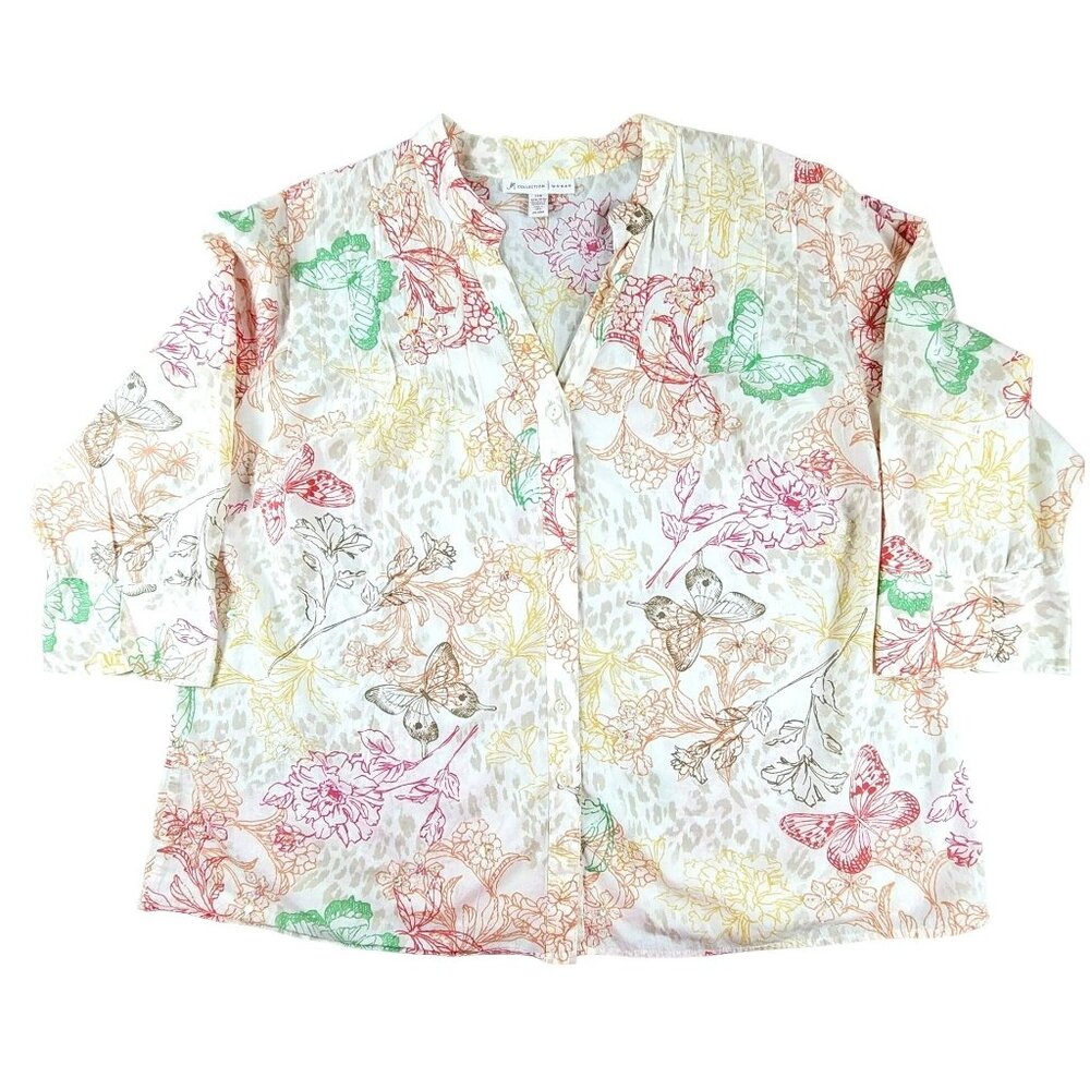 Womens Blouse Pastel Lightweight 3/4 Sleeves Floral Butterfly size 14  JH1483